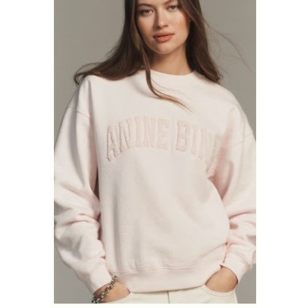 Anine‎ Bing Spencer Sweatshirt Pale Pink Chenille Logo Cotton Pullover Small NWT